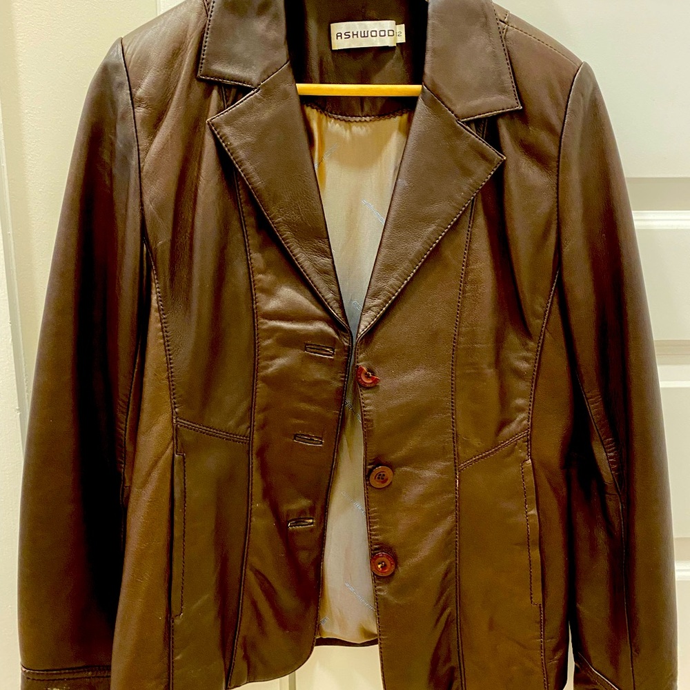 Women’s brown leather jacket, size 12